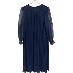 Gilberti Pleated Dress Womens XL Navy‎ Blue Solid Chiffon Long Sleeve Crew Neck